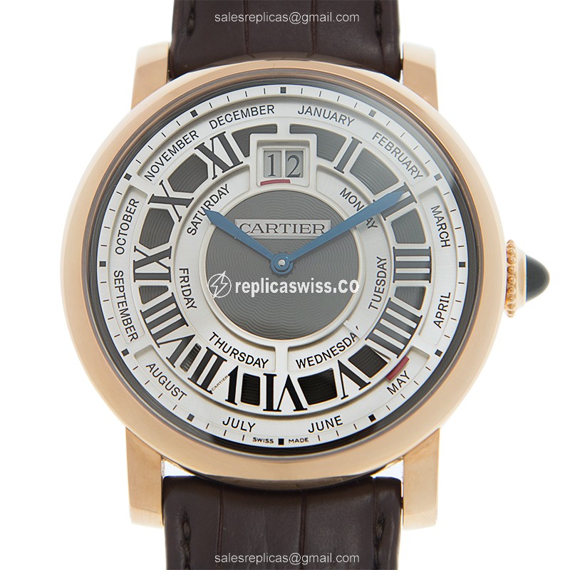 Cartier Rotonde Replica - Auto - 18kt Rose Gold - Silver Dial - Brown Alligator