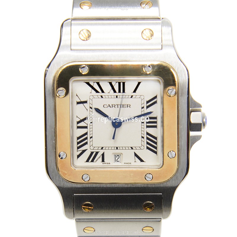 Cartier Santos Quartz Replica - 18kt Gold & Steel - White Dial, Silver Strap