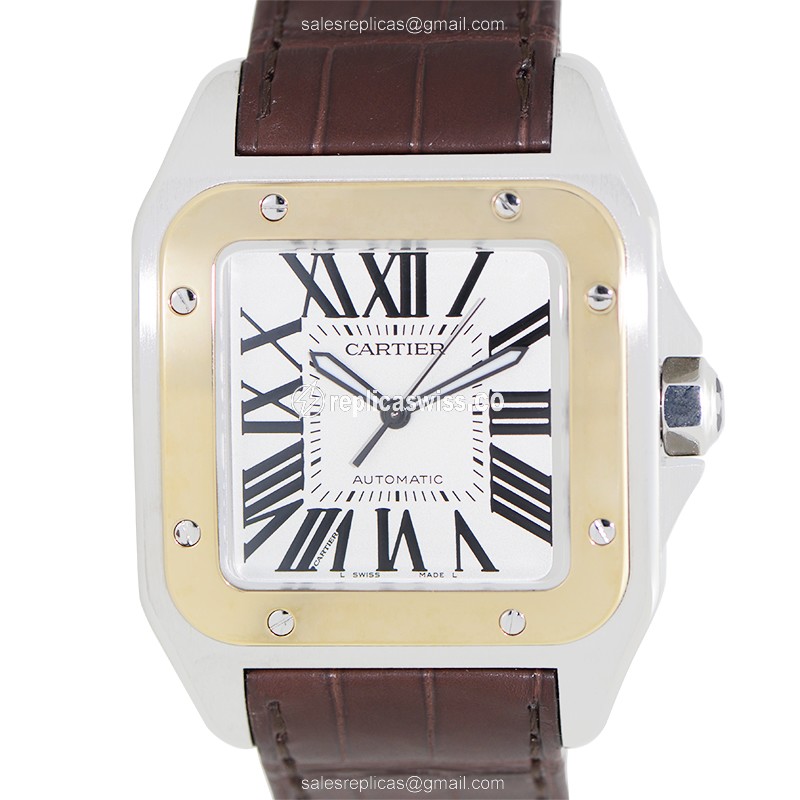 Cartier Santos Replica - Automatic - 18kt Gold & Steel - Silver Dial - Brown Alligator Strap