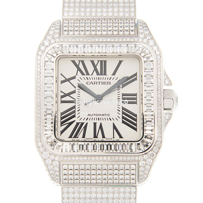 Cartier Santos Replica - Automatic - 18kt White Gold - Diamond Case - White Dial - Luxury Replica SANTOS Watch