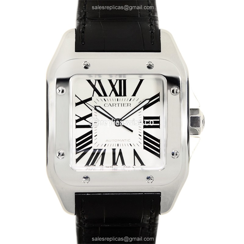 Cartier Santos Replica - Automatic - Stainless Steel - White Dial - Black Alligator Strap - Luxury Replica SANTOS Watch