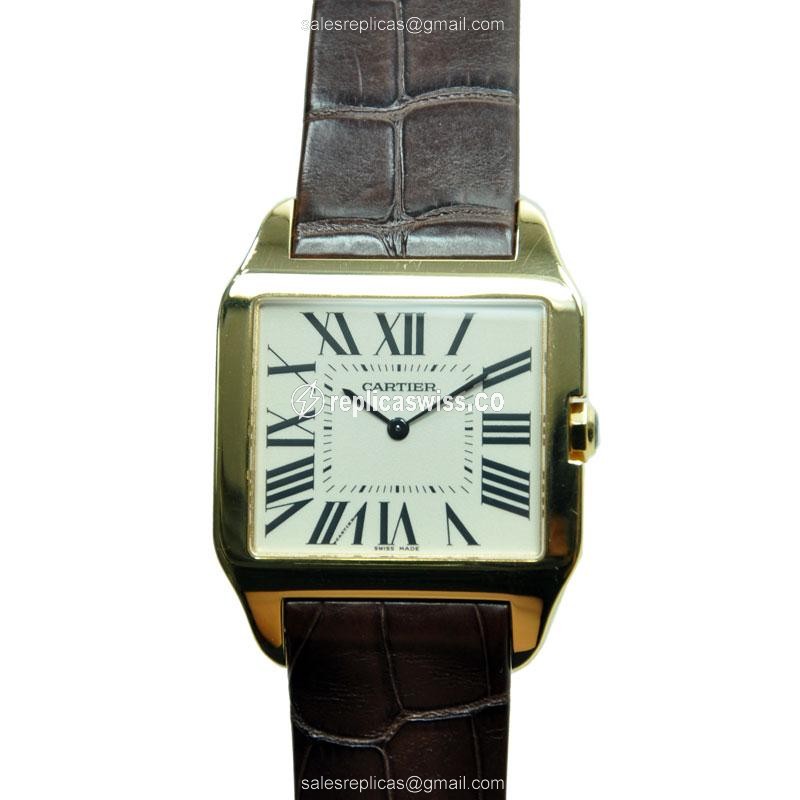 Cartier Santos Replica - Automatic - 18kt Gold Case - Silver Dial - Brown Alligator Strap - Luxury Replica SANTOS Watch