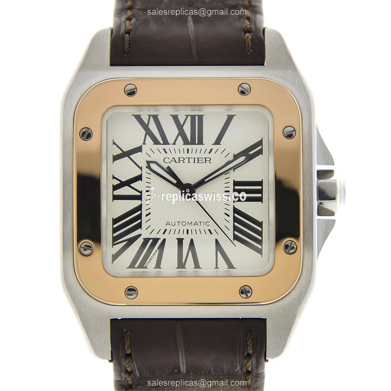 Cartier Santos Replica - Automatic - 18kt Rose Gold - White Dial - Brown Alligator Strap