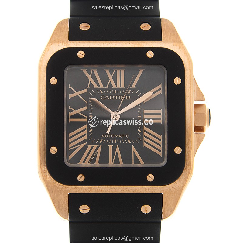 Cartier Santos Replica - Auto - Rose Gold - Black - Rubber