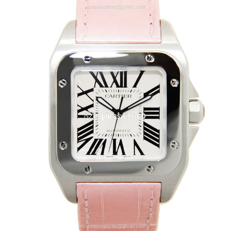 Cartier Santos Replica - Automatic - Stainless Steel - Silver Dial - Pink Alligator Strap - Luxury Replica SANTOS Watch