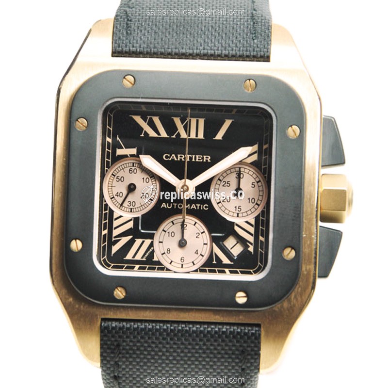 Cartier Santos Replica - Auto - 18K Rose Gold - Black Dial - Canvas Strap