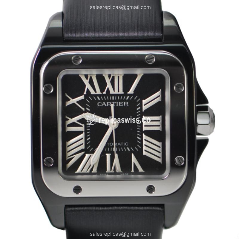 Cartier Santos Replica - Automatic - Black Dial - Silk Strap - Clasp - 40mm
