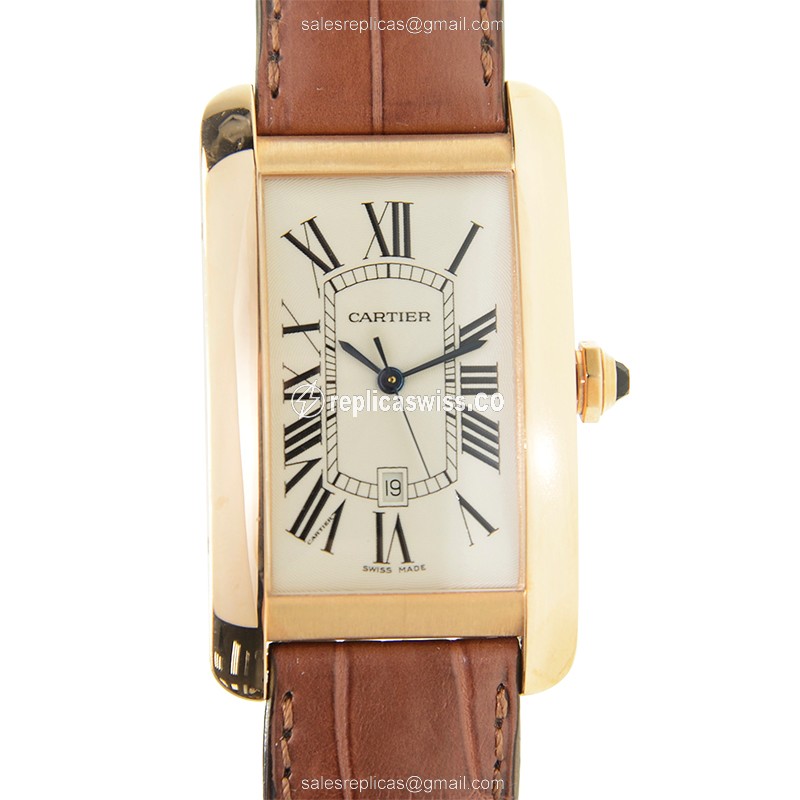 Cartier TANK Replica - Automatic 18kt Rose Gold - White Dial, Brown Alligator Strap
