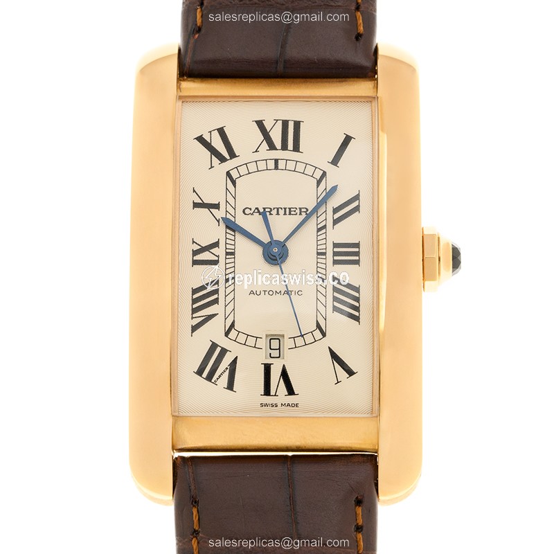 Cartier W2609856 Replica - Automatic - 18kt Rose Gold - Silver Dial - Brown Leather Strap - Luxury Replica TANK Watch
