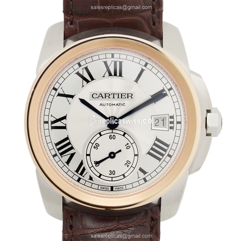 Cartier W2CA0002 Replica - Calibre De Cartier - Automatic - 18kt Rose Gold & Steel Case - Silver Dial - Brown Alligator Strap