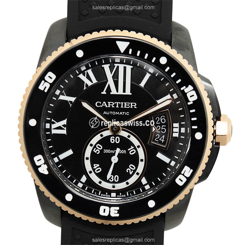 Cartier W2CA0004 Replica - Automatic 18kt Rose & Steel - Black Dial, Rubber Strap