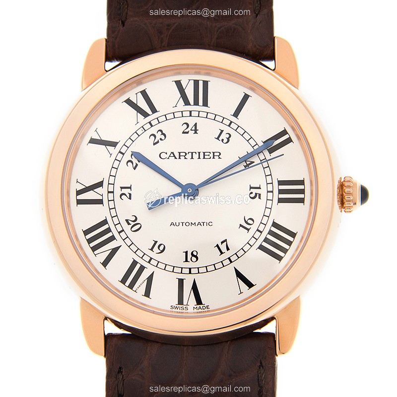 Cartier Rotonde Replica - Automatic - 18kt Rose Gold - White Dial - Brown Alligator Buckle