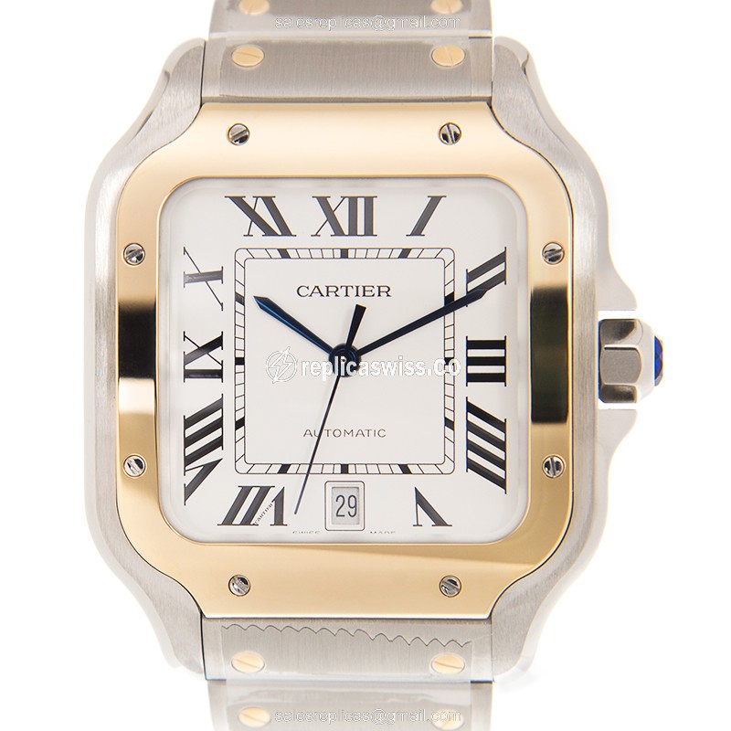 Cartier Santos Replica - Automatic - 18kt Gold & Steel - White Dial - Silver Clasp