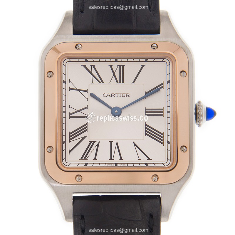Cartier Santos Replica - Quartz - 18kt Rose Gold & Steel Case - Silver Dial - Black Alligator Strap