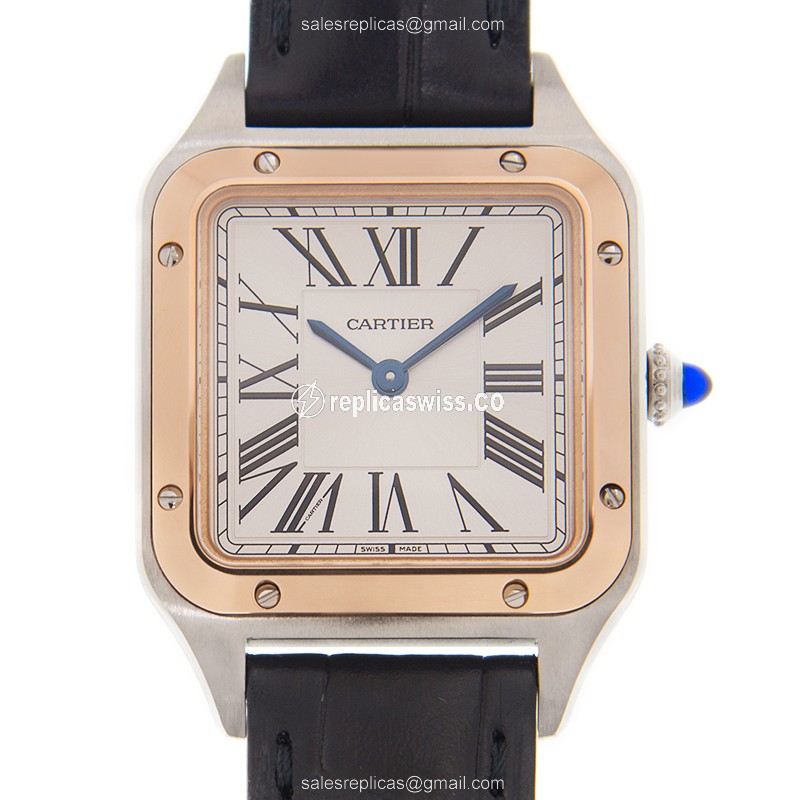 Cartier Santos Replica - Quartz - 18kt Rose Gold - Steel Case - Silver Dial - Black Alligator Strap - Luxury Replica SANTOS Watch
