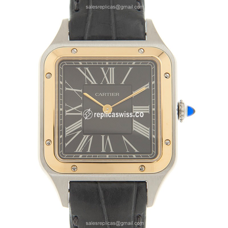 Cartier Santos Replica - Automatic - 18kt Gold & Steel - Dark Grey Dial - Grey Alligator Strap