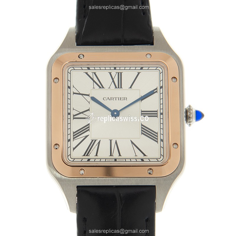 Cartier Santos Replica - Manual Wind - 18kt Rose Gold - Silver Dial - Black Alligator Strap - Buckle Clasp - Luxury Replica SANTOS Watch