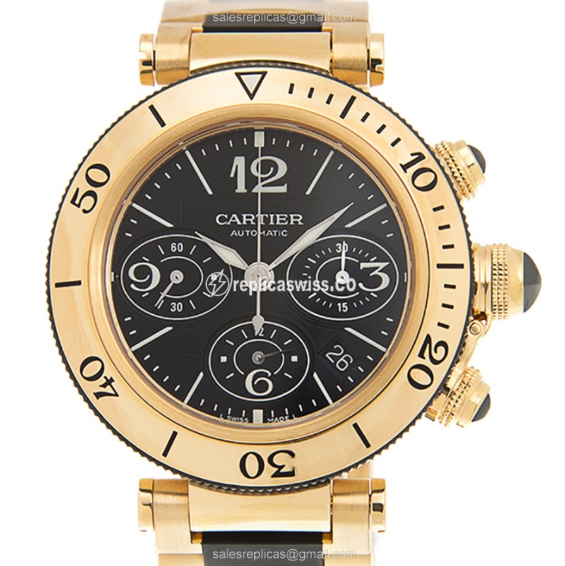 Cartier Pasha De Cartier Replica - Auto - 18kt Yellow Gold - Black Dial - Gold Strap