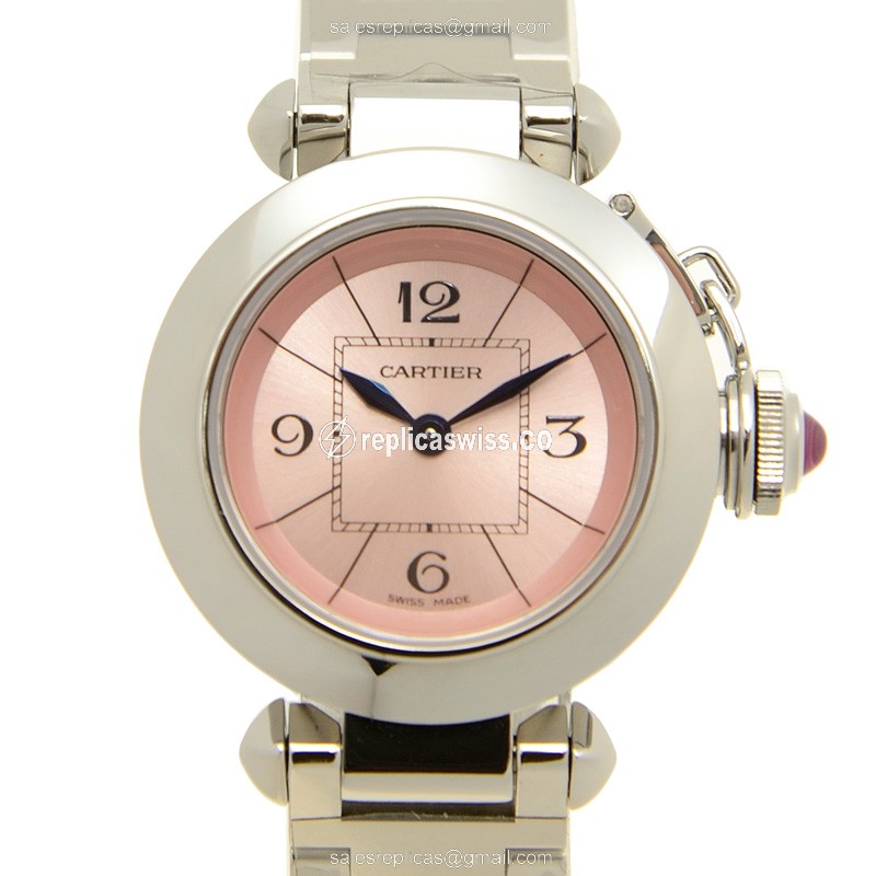 Cartier Pasha Replica - Quartz - Steel Case - Pink Dial - Silver Steel
