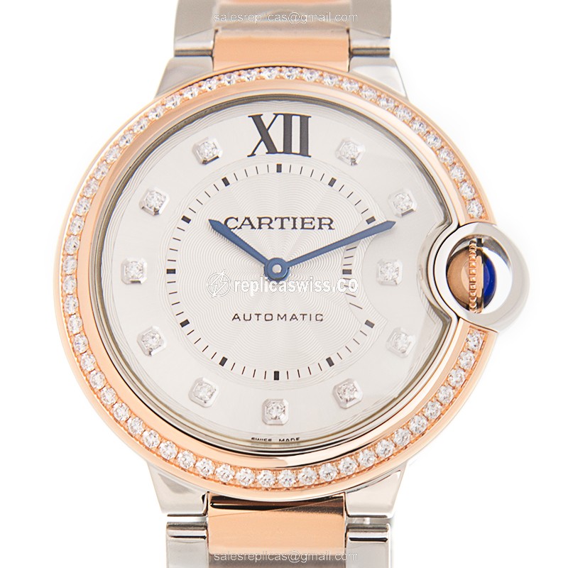 Cartier Ballon Bleu Replica - Automatic - 18kt Rose - Diamond - White Dial - Gold Clasp