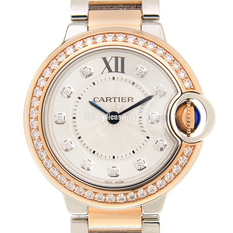 Cartier Ballon Bleu Quartz Replica - 18kt Rose Gold Case - Diamonds - Silver Dial - Gold Strap