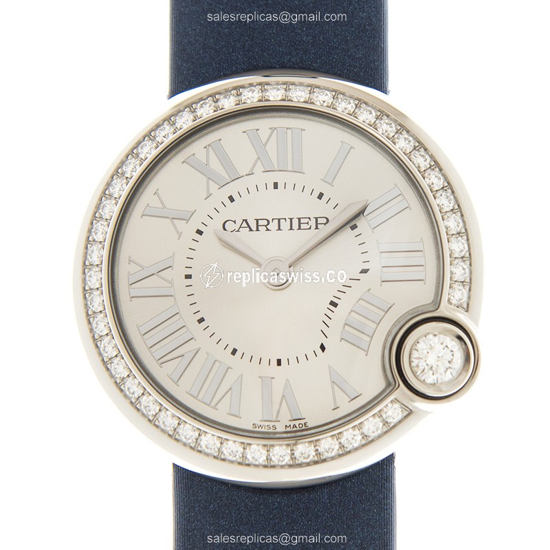 Cartier Ballon Blanc Quartz - Diamond Dial - Silver Case - Blue Silk Strap