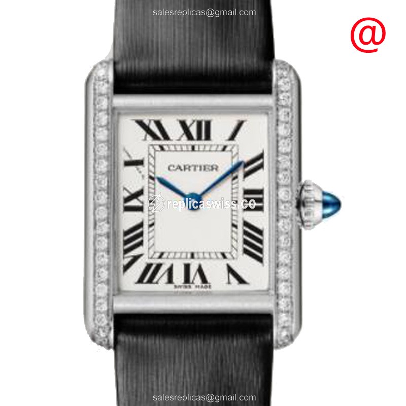 Cartier W4TA0016 TANK Quartz - Diamond Case - Silver Dial - Black Cowhide Strap - Buckle Clasp