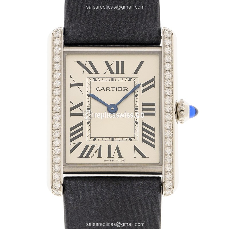 Cartier W4TA0017 TANK Replica - Quartz - Diamonds - Silver Dial - Black Cowhide Strap
