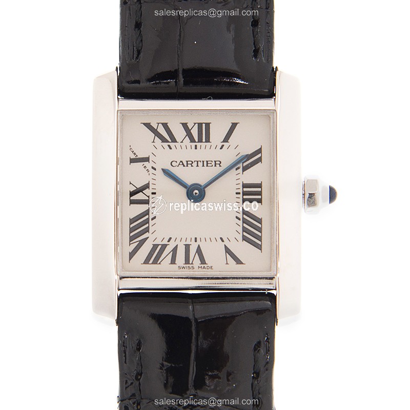 Cartier TANK Quartz Replica - 18kt White Gold - Silver Dial - Black Alligator Buckle
