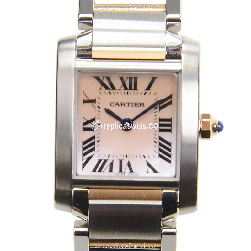 Cartier Tank Replica - Quartz - Steel - Pink Dial - Gold Strap