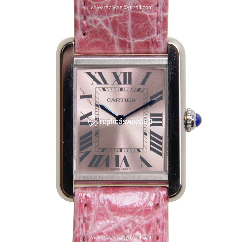 Cartier TANK Quartz Replica - Pink Dial - Steel Case - Pink Alligator Strap - Luxury Replica TANK Watch