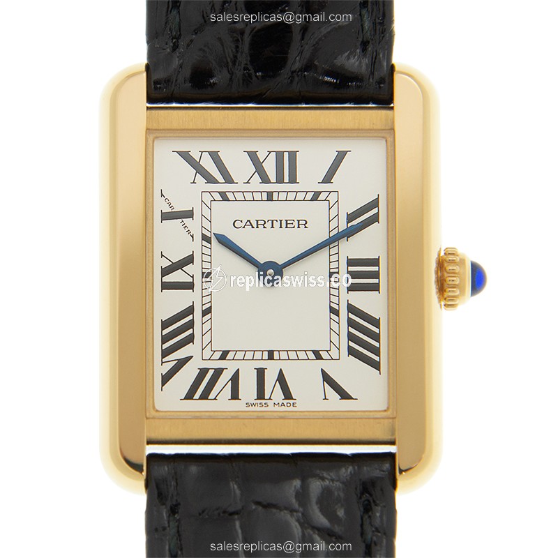 Cartier TANK Replica - Quartz - 18kt Yellow Gold - White Dial - Black Alligator Buckle
