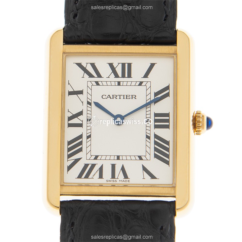 Cartier TANK Quartz 18kt Gold - White Dial - Alligator Black Strap - Buckle Clasp