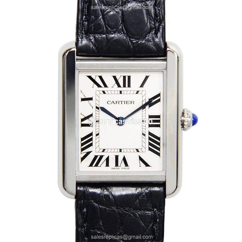 Cartier TANK Quartz Steel - Silver Dial - Black Alligator - Clasp - Luxury Replica TANK Watch