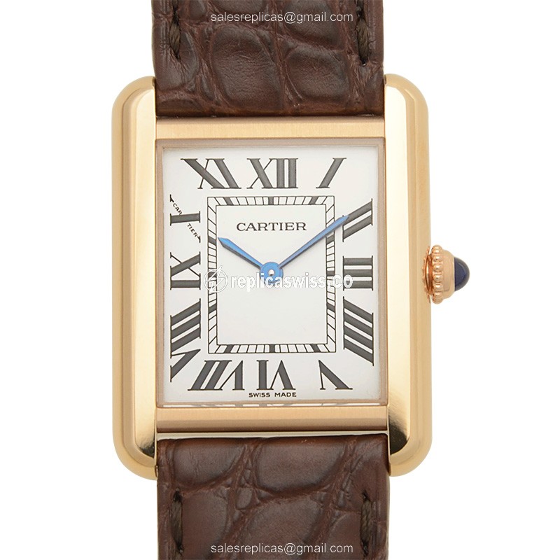 Cartier TANK Quartz Replica - 18kt Rose Gold - White Dial - Alligator Brown Strap - Luxury Replica TANK Watch