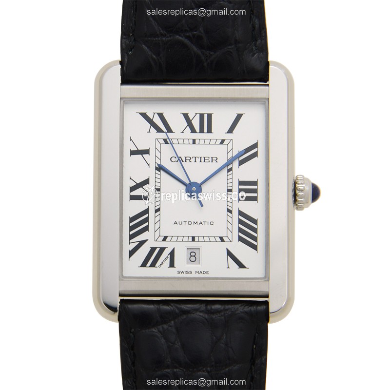 Cartier TANK W5200027 - Automatic - Stainless Steel - White Dial - Black Alligator Strap - Luxury Replica TANK Watch