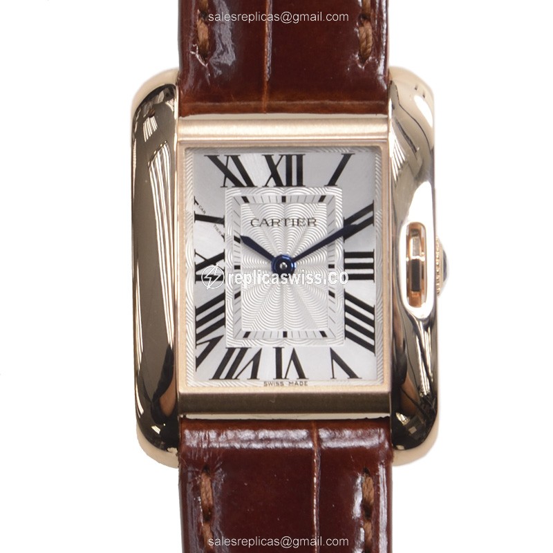 Cartier W5310027 TANK Replica - Quartz - 18kt Rose Gold - Silver Dial - Brown Alligator Strap - Luxury Replica TANK Watch