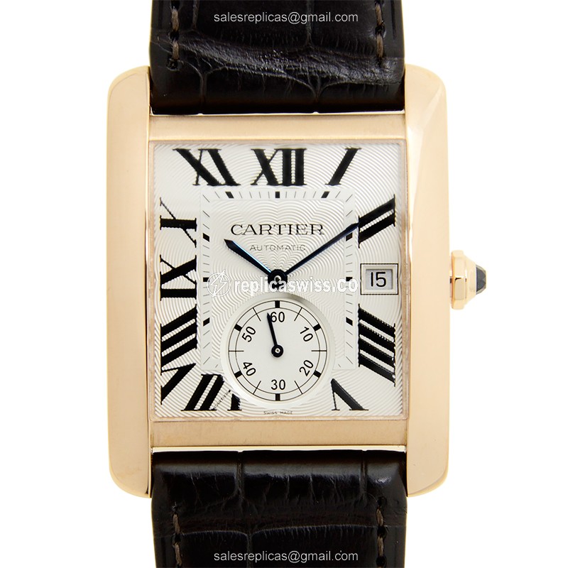 Cartier TANK Replica - Automatic - 18kt Rose Gold - White Dial - Brown Alligator Strap - Luxury Replica TANK Watch