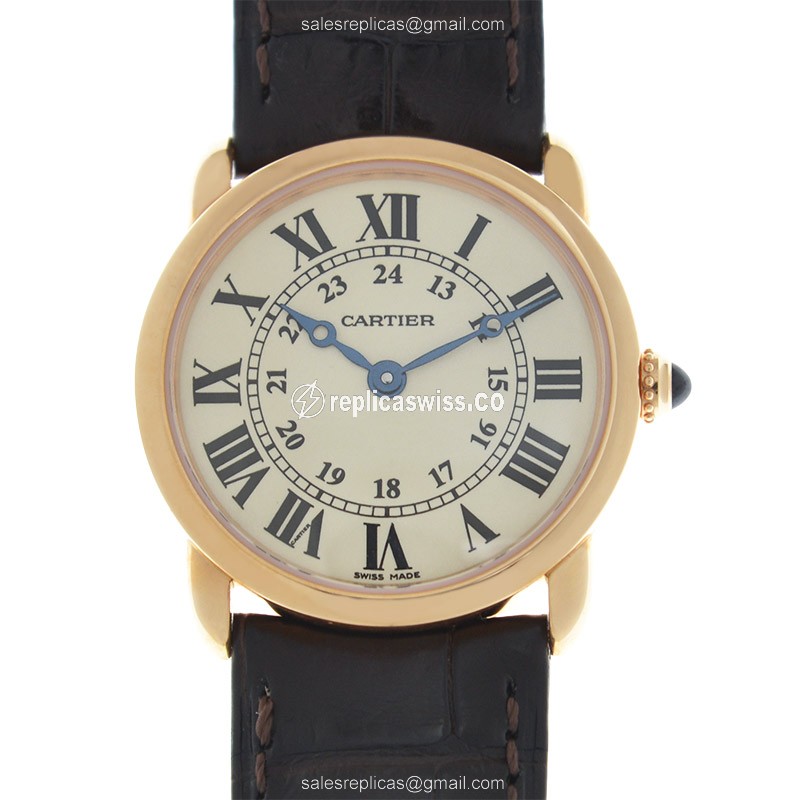 Cartier RONDE LOUIS CARTIER Replica - Quartz - 18kt Rose Gold - White Dial - Alligator Black Strap