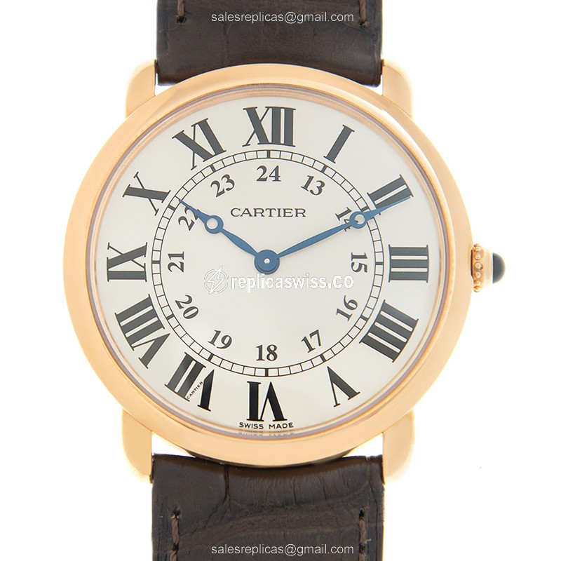 Cartier RONDE LOUIS CARTIER Replica - Manual - 18kt Rose Gold - White Dial - Alligator Black Strap