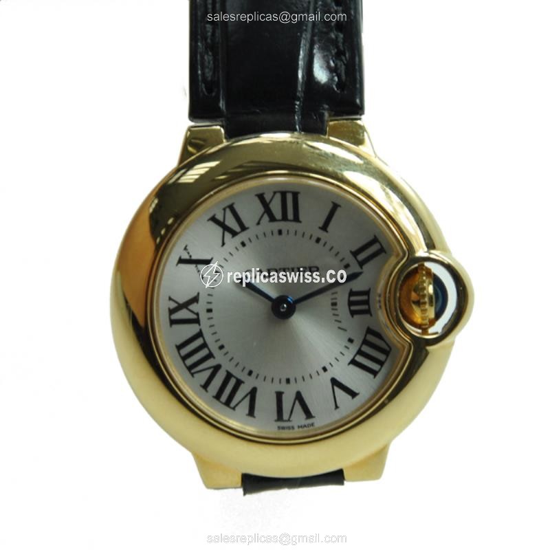 Cartier Ballon Bleu Replica - Quartz - 18kt Yellow Gold - Silver Dial - Alligator Black Strap