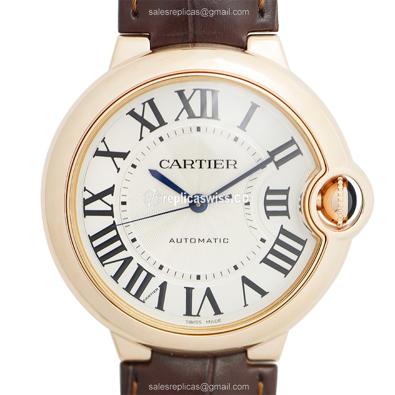 Cartier Ballon Bleu Replica - Automatic - 18kt Rose Gold - White Dial - Brown Alligator Buckle