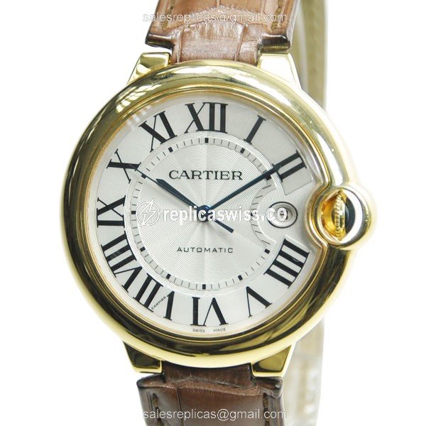 Cartier Ballon Bleu Replica - Automatic - 18kt Gold - White Dial - Brown Alligator Strap