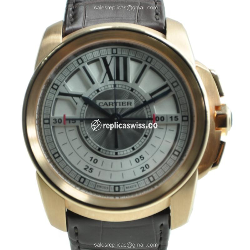 Cartier W7100004 Replica - Manual Wind - 18kt Rose Gold - Gray Dial - Brown Alligator Strap - Luxury Replica CALIBRE DE CARTIER Watch