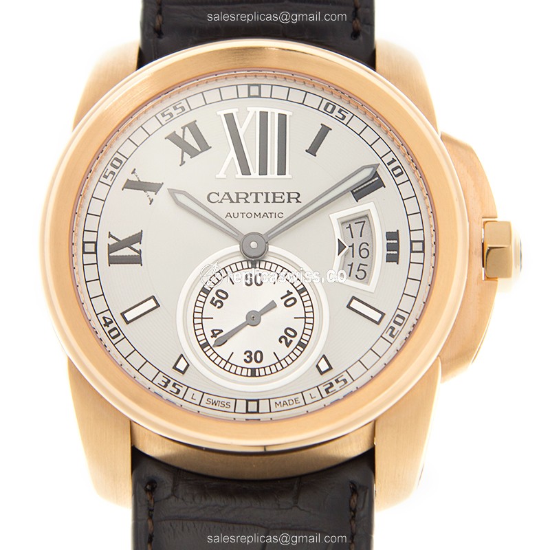 Cartier W7100009 Replica - Automatic - 18kt Rose Gold - White Dial - Black Alligator Strap - Luxury Replica CALIBRE DE CARTIER Watch