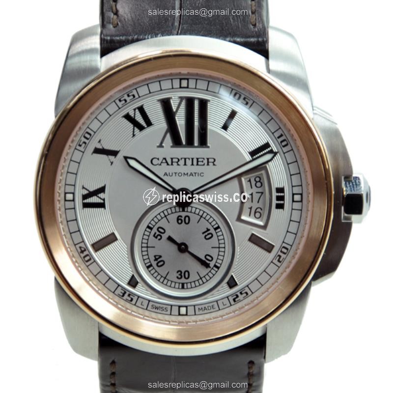 Cartier W7100011 Replica - Automatic - Steel Case - White Dial - Brown Alligator Strap