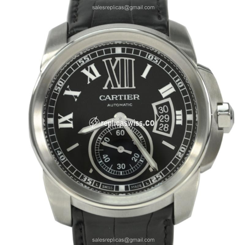 Cartier W7100014 Replica - Automatic - Black Dial - Alligator Strap
