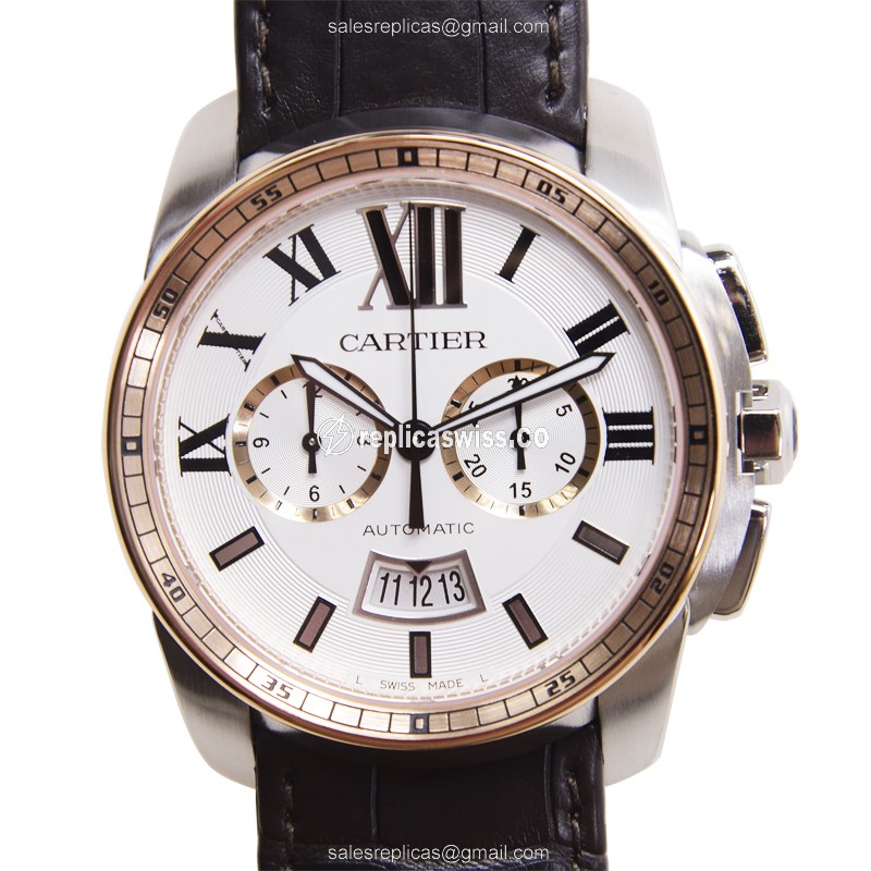 Cartier W7100043 Replica - Calibre De Cartier Auto - Steel Case - White Dial - Brown Alligator Strap - Luxury Replica CALIBRE DE CARTIER Watch