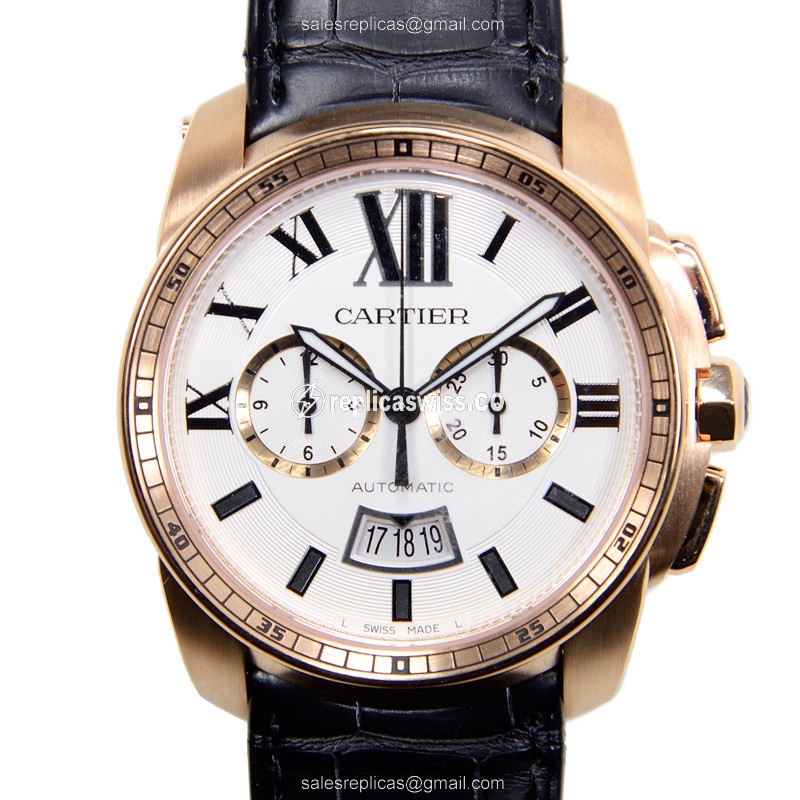 Cartier W7100044 Replica - Automatic - 18kt Rose Gold - White Dial - Black Alligator Strap