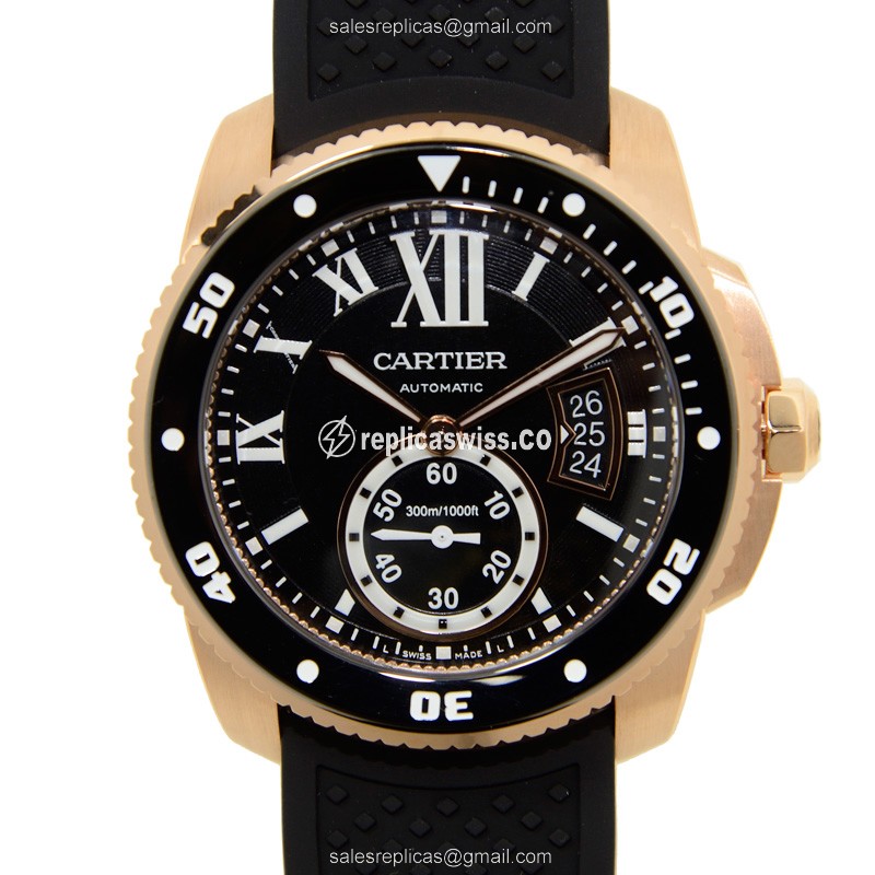 Cartier W7100052 Replica - Automatic - 18kt Gold & Steel - Black Dial - Rubber Strap